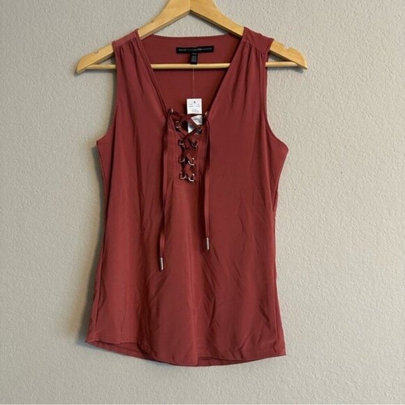 White House Black Market Rust Lace Up Tank Size XXS NWT $55 V Neck - Picture 2 of 9